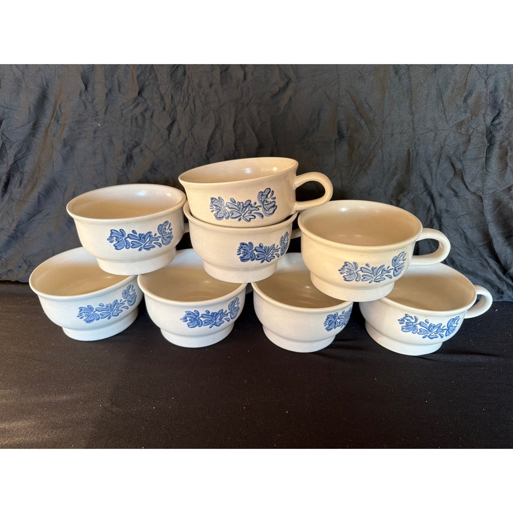 Pfaltzgraff Yorktowne Blue Floral Stoneware Coffee Mugs Set of 8 Vintage Grey